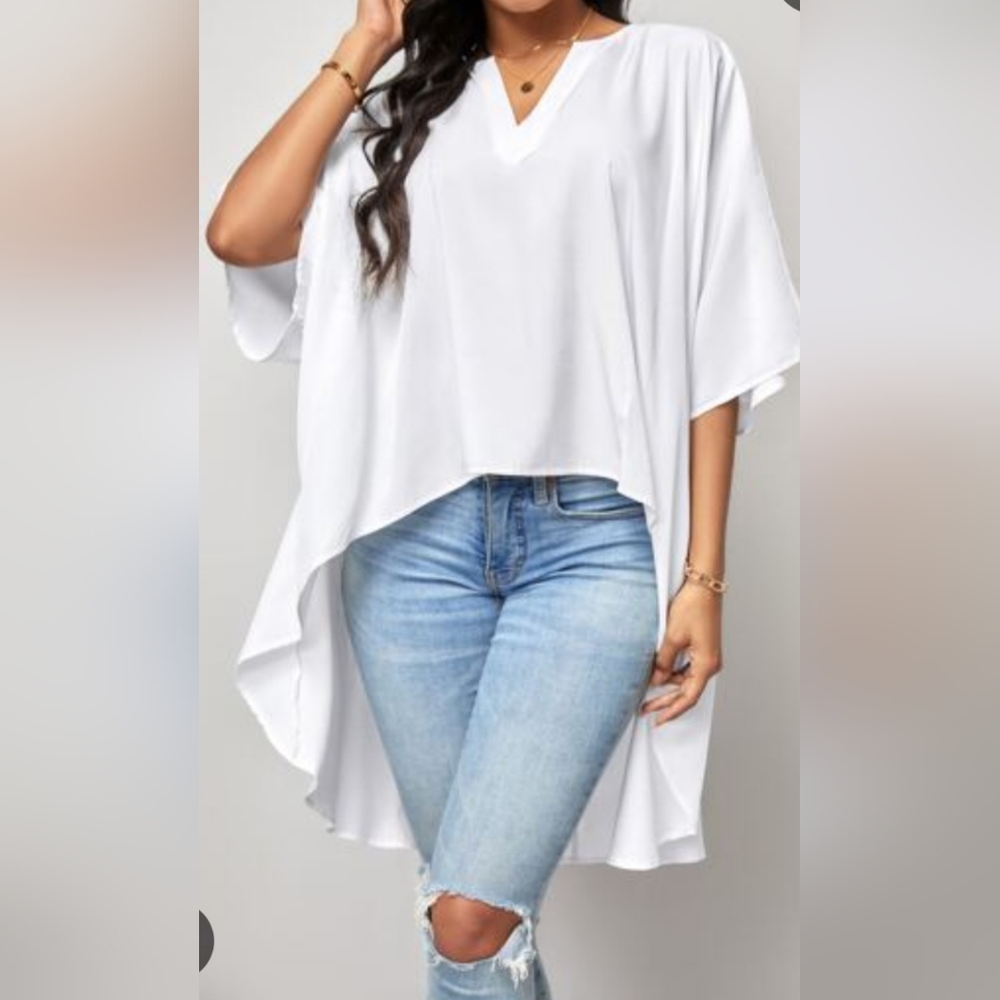WoWo High Low White V-Neck Top